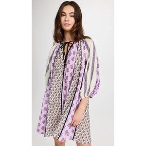 RHODE Sita Floral Print Dress Violet Multi 3/4 Sleeve Boho Tie V- Neck Sz M EUC